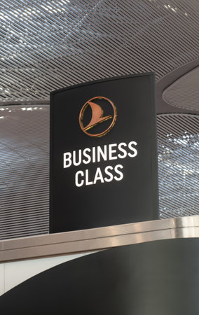 Istanbul, Turkey - 13 February 2020: Turkish Airlines Business Class signage in Istanbul Airport