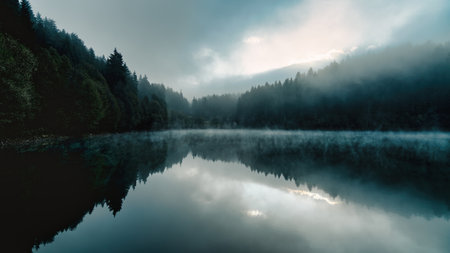 Tranquil morning view of Savsat Karagol Black Lake in Artvin, Turkey, with steam rising from the serene forested waters. Savsat Karagol lake is a large trout lake in the forest in Artvin, Turkeyの写真素材