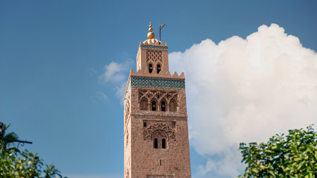 Koutoubia Mosque minaret in Marrakesh, Morocco, is the largest and most iconic mosque in the city, renowned for its stunning architecture.の写真素材