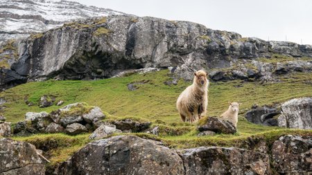 Sheep roam freely on Vagar Island in the Faroe Islands, showcasing the serene rural landscape and natural habitat.の写真素材