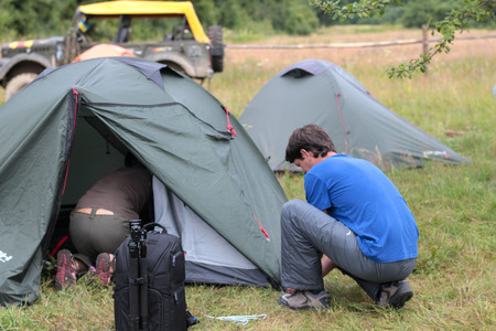 Wonderful morning in the mountains, collecting tents tourists.Carpathiansのeditorial素材