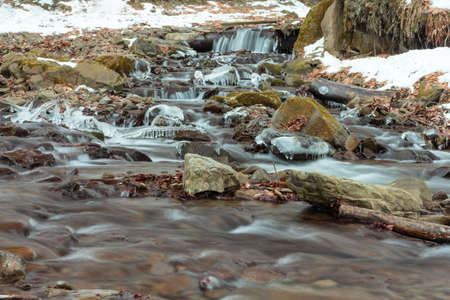 Flowing water of Carpathian mountain stream. Ukraine,Transcarpathiaの写真素材