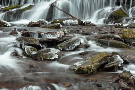 Flowing water of Carpathian mountain stream. Ukraine,Transcarpathiaの写真素材