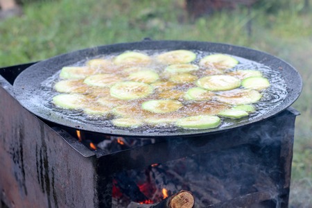 Grilling vegetables on barbecue, zucchini and eggplants.Outdoorsの写真素材