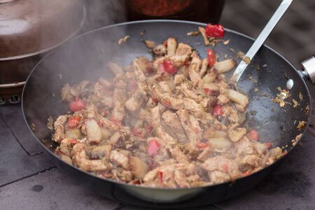 Grilling shashlik on barbecue grill. Selective focusの写真素材