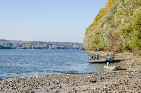 Anchored raft on the river Danube near the city of Novi Sadの写真素材