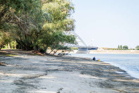 Sandy bank of the Danube river, near Petrovaradin, Novi Sad, Serbia. Panorama of the sandy banks of the Danube,の写真素材