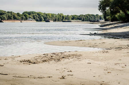 Sandy bank of the Danube river, near Petrovaradin, Novi Sad, Serbia. Panorama of the sandy banks of...