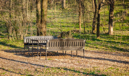 Wooden benches set up on the promenade in the city park in Sremska Kamenica, near Novi Sad, Serbia.