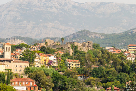 Herceg Novi, Montenegro - August 24, 2021: Panoramic view from the sea on the old town of Herceg Novi.のeditorial素材