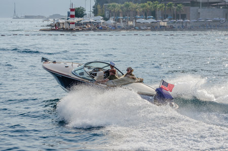 Herceg Novi, Montenegro - August 23, 2021: Speedboat in the Bay of Kotor