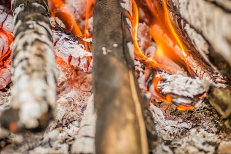 A close-up shot of pieces of logs and firewood, charcoal and ashes burning in flames.の写真素材