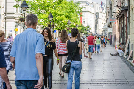 Belgrade, Serbia - July 29, 2014: View of the street with citizens, passers-by in the city of Belgrade. People who walk the streets of Belgrade.のeditorial素材