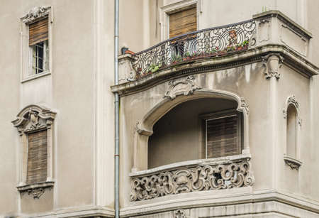 Belgrade, Serbia - July 29, 2014: View of the street in the city of Belgrade. A view of the balcony with baroque decorations in the street of the city of Belgrade.のeditorial素材