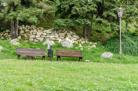 Belgrade, Serbia - July 29, 2014: The Old Fortress on Kalemegdan in the capital of Serbia, Belgrade.Installed wooden benches for visitors to the park at the Kalemegdan fortress in the city of Belgrade.のeditorial素材