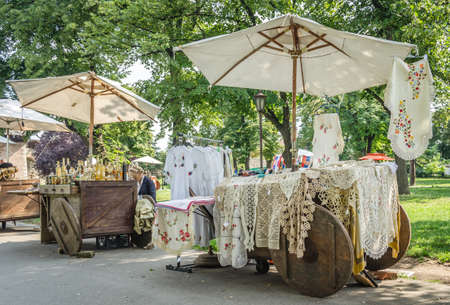 Belgrade, Serbia - July 29, 2014: The Old Fortress on Kalemegdan in the capital of Serbia, Belgrade.Displayed handicrafts for sale for visitors to the park at the Kalemegdan fortress in the city of Belgrade.のeditorial素材