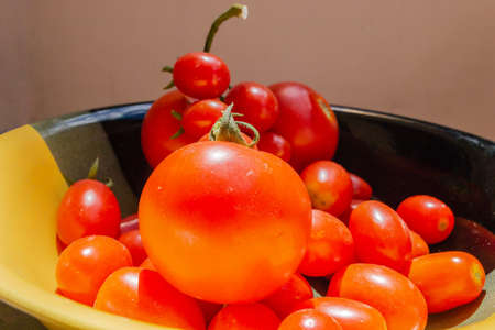 Freshly picked ripe red cherry tomatoes. Close-up image of freshly picked ripe red cherry tomatoes.の写真素材