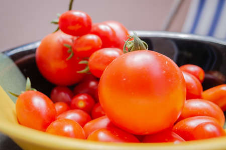 Freshly picked ripe red cherry tomatoes. Close-up image of freshly picked ripe red cherry tomatoes.の写真素材