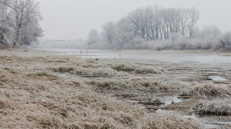 Danube Island Sodros near Novi Sad, Serbia. Gray and white landscape with snow covered trees and frozen water.の写真素材