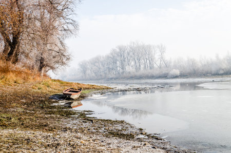 Danube Island Sodros near Novi Sad, Serbia. Landscape with snow covered trees and frozen water.の写真素材