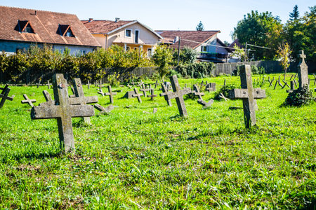 The old military cemetery at TranÅ¾ament, Petrovaradin. A panoramic view of the old identical, neglected concrete gravestone crosses of the military cemetery.の写真素材