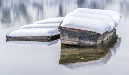 Marsh lake in winter covered with snow. Winter landscape of a marshy lake covered with snow and ice.