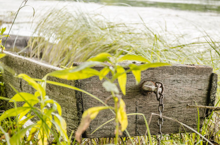 Wooden fishing boats tied to the shore. A view of a small wooden derelict fishing boat, overgrown with weeds, moored to the shore of the lake in autumn.の写真素材