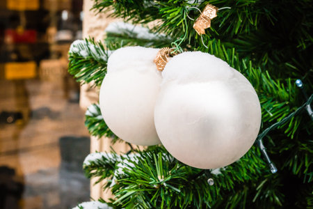 Traditional New Year decorations for the Christmas tree. Placed traditional New Year decorations for the Christmas tree. Decorative Christmas balls for the Christmas tree.の写真素材