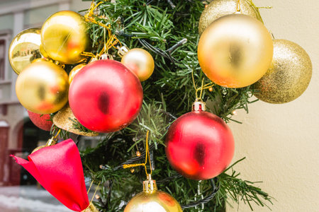 Traditional New Year decorations for the Christmas tree. Placed traditional New Year decorations for the Christmas tree. Decorative Christmas balls for the Christmas tree.の写真素材