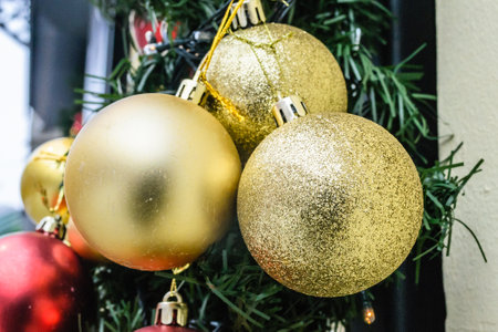 Traditional New Year decorations for the Christmas tree. Placed traditional New Year decorations for the Christmas tree. Decorative Christmas balls for the Christmas tree.の写真素材
