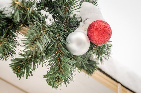 Traditional New Year decorations for the Christmas tree. Placed traditional New Year decorations for the Christmas tree. Decorative Christmas balls for the Christmas tree.の写真素材