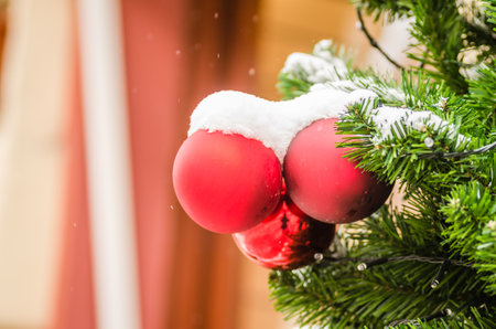 Traditional New Year decorations for the Christmas tree. Placed traditional New Year decorations for the Christmas tree. Decorative Christmas balls for the Christmas tree.の写真素材