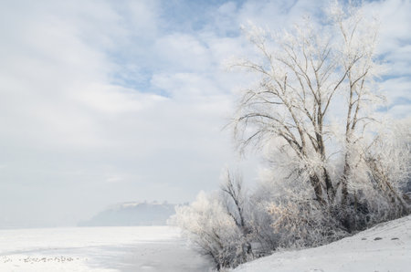 Frozen, snow-covered banks of the Danube River below the Petrovaradin Fortress, Vojvodina, Novi Sad, Petrovaradin, Serbia.の写真素材