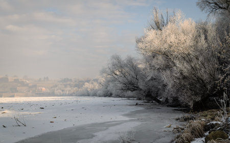 Frozen, snow-covered banks of the Danube River below the Petrovaradin Fortress, Vojvodina, Novi Sad, Petrovaradin, Serbia.の写真素材