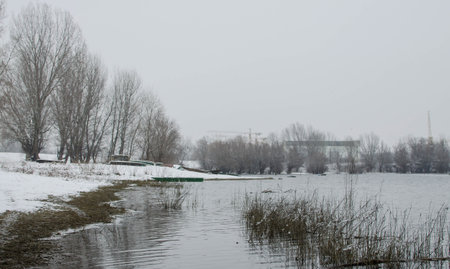Danube river delta in winter. A panoramic view of the Danube river delta in winter, covered with snow and ice.の写真素材