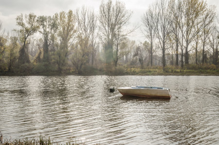 Wooden boat moored along the shore of the lake in water.の写真素材