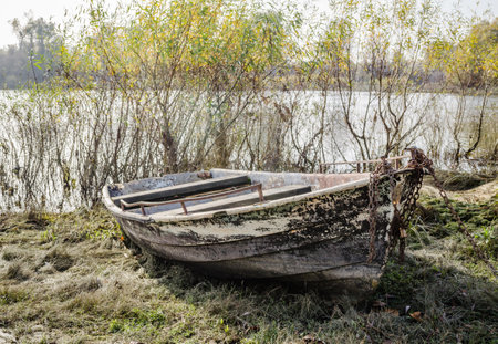 Wooden boat moored along the shore of the lake in water.の写真素材