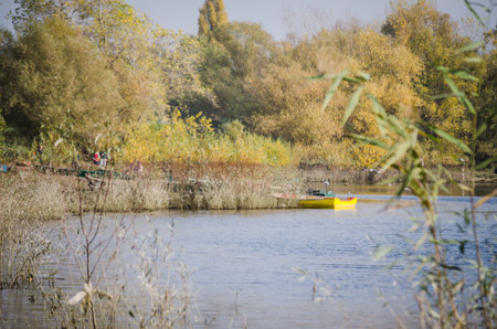 Wooden boat moored along the shore of the lake in water.の写真素材