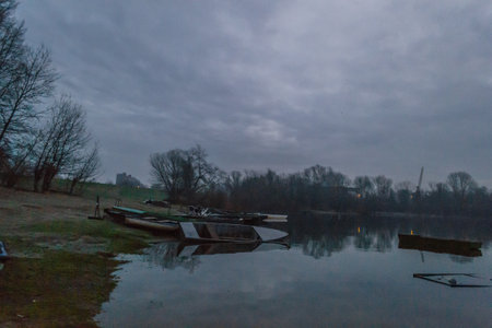 The lake in winter in the morning. Lake landscape in winter in the morning.の写真素材