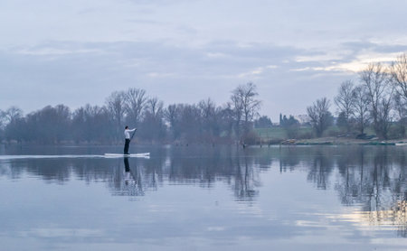 The lake in winter in the morning. Lake landscape in winter in the morning.の写真素材