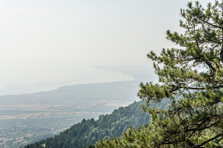 Panoramic view of Litohoro from Mount Olympus, and from the lookout point above Stavros in Greece.の写真素材