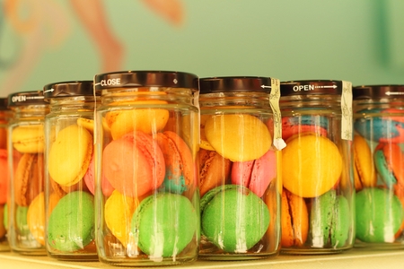 Macaron sweets in a bottle for saleの写真素材