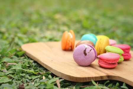 Colorful of macaron on the tray of brown wood.の写真素材