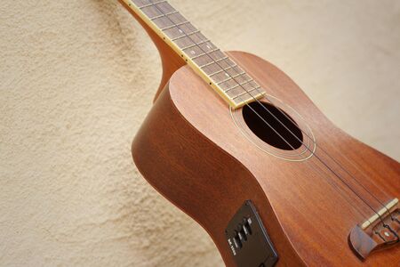 Ukulele brown leaning a wall at the parkの写真素材