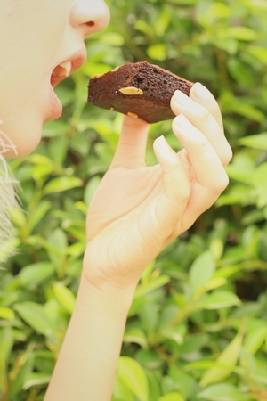 Beautiful women eating a delicious of brownies.の写真素材