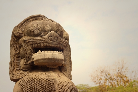 Bronze statue of a lion at castle in Thailandの写真素材
