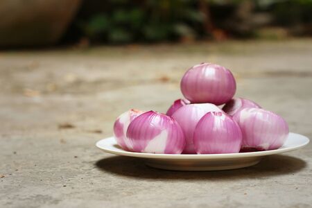 Red onions on white dish on a tableの写真素材