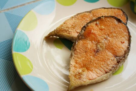 Grilled salmon on colorful of a plateの写真素材