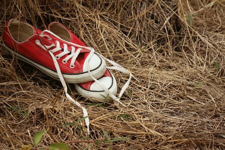 Red shoes on a background of straw.の写真素材
