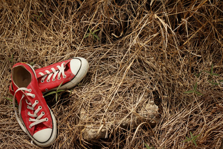 Red shoes on a background of straw.の写真素材